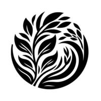 illustration of a stylized, symmetrical floral emblem featuring bold black leaves arranged in a circular composition, set against a stark white background. vector