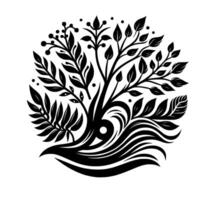 Elegant Black and White Botanical Design A Circular Composition of Leaves, Branches, and Artistic Waves. vector