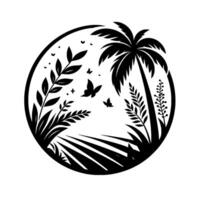 Black and white circular illustration featuring a tropical island scene palm tree, plants, butterflies, and a field with a minimalist design. vector