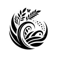 Serene black and white circular design, featuring stylized plants, waves, a butterfly, and dot cluster, evoking natures harmony. vector