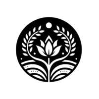 Minimalist Black and White Circular Featuring a Lotus Flower, Laurel Branches, and Subtle Field Elements. vector