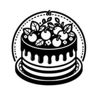 Elegant black and white illustration of a layered cake with cherry topping, encircled with a dotted decorative border on a plain white background. vector