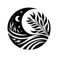Black and White Circular Design Crescent Moon, Stars, Foliage, and Waves, Symbolic of Nights Serenity. vector