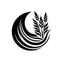 Stylized black and white wheat featuring a crescentshaped element with layered lines, encompassing three wheat stalks. vector