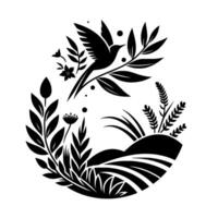 Black and white minimalist of a bird in flight amidst floral and foliar elements, set within an oval frame depicting a field. vector