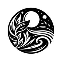 Monochromatic circular depicting nature elements leaves, waves, moon, stars, and feathers, illustrating serenity and peace. vector