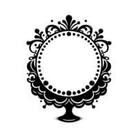 Elegant Black and White Ornamental Cake Stand with Round Frame, Dotted Edge, and Ornate Scrollwork, isolated on white. vector