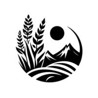Serene minimalist black and white circle emblem featuring wheat fields, mountain peaks, a sun, and curved frame. vector