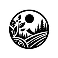 Stylized black and white circular emblem featuring a farm landscape with a plant, fields, trees, mountain, and sun. vector