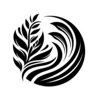 Monochromatic stylized artwork of a floral element, showcasing a central stem with leaves and a swirling, circular design, emphasizing contrast. vector