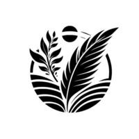 Monochromatic botanical illustration inside a circle, featuring stylized leaves, a feather, a curved horizon, and a sun element, evoking a sense of nature and simplicity. vector