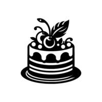 Black and white layered cake with cherry and leaf topping, minimalist design, set on a circular plate against white background. vector
