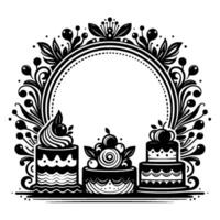 Monochromatic Illustration Three Cakes Within a Circular Floral Frame, Black and White Bakery Design. vector