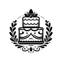 Elegant Black and White TwoTier Cake with Decorative Foliage Crest, Dots and Lines, on White Background, Ideal for Logos or Invitations. vector