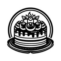 Stylized Black and White Cake Illustration with Layered Design, Chocolate Drip, and Berry Topping on a Plate within a Circular Frame. vector