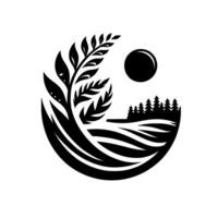 Black and White Circular Nature Scene Depicting a Tree, Forest, Rolling Hills and a Sun, in a Simplified, Symbolic Design. vector