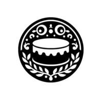 Elegant Black and White Round Emblem Featuring Cake, Laurel Wreath, Decorative Elements, and White Background. vector