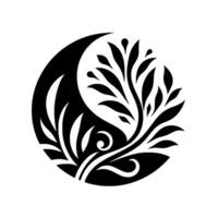 Yin Yanginspired floral in black and white, featuring stylized leaves and a crescent moon shape, creating a harmonious and balanced composition. vector