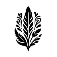 Symmetrical Black Floral Motif on White, Minimalist with Featherlike Center and Decorative Curl Accents. vector