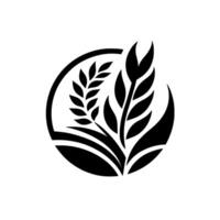 Black and white stylized featuring two stylized wheatgrain stalks within a circular frame, representing harvest. vector