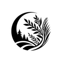 Black and white circular featuring a crescent moon framing stylized forest, fields, and wheat, with a minimalist, organic design. vector