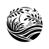 Intricate Black and White Nature Silhouette Birds, Foliage, and Waves within a Circular Frame, Evoking Peace and Tranquility. vector