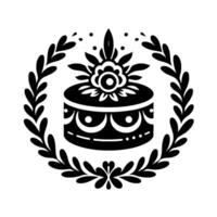Circular Black and White Illustration of a Decorated Cake within a Laurel Wreath Design, Emphasizing Symmetry and Decorative Elements. vector