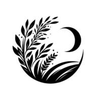 Tranquil Black and White Circle Illustration Featuring Flora, Crescent Moon, and Grassy Fields, Emphasizing Natures Serenity. vector