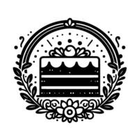 Elegant Black and White Illustration of a Layered Cake within a Decorative Floral and Circular Frame vector