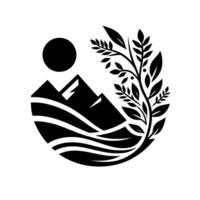 Monochromatic, circular nature featuring mountains, sun, and a stylized tree branch, evoking tranquility. vector