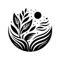 Black and white stylized nature illustration leaves, a moon, dots, and stylized waves within a circular design, minimalist. vector