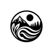 YinYang Harmony Black and white circular featuring mountain, forest, moon, flowing water, and foliage elements. vector