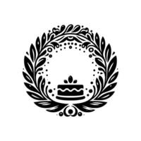A stylized black and white emblem featuring a cake centerpiece adorned with foliage wreath, creating a decorative and celebratory design. vector