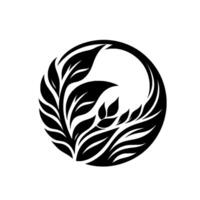 Black and White Floral Encapsulated Within a Circle, Showcasing Leafy Branches and Ornamental Plant Elements. vector