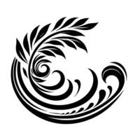 Elegant black and white floral featuring leaves, swirls, and flowing lines arranged in a semicircular pattern, minimalist aesthetic. vector