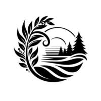 Circular, black and white nature logo, featuring a leafy branch surrounding a stylized landscape with trees, fields, and sun. vector