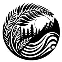 Black and white circular nature scene with mountains, trees, flowing water, and foliage, symbolizing harmony. vector
