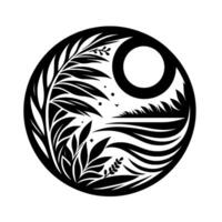 Circular minimalist black and white illustration depicting a stylized tropical landscape with moon, sea, foliage, and natural elements within a circular frame. vector