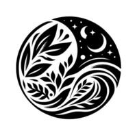 Yin Yang Circle with Botanical Celestial Design, Black and White. Features stylized leaves, moons, stars, and waterlike patterns symbolizing balance and harmony. vector