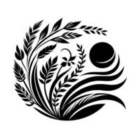 Black and White Circular Botanical Composition with Plants, Flowers, and Stylized SunWaves on a White Background, Organic Modern Design. vector