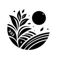 Minimalist monochrome illustration of a stylized farm scene, featuring lush plant growth, rolling fields, a circular sun, and floating leaves. vector