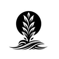 Stylized Black and White Nature Featuring a Plant Emerging from Abstract Waves Behind a Dark Circular Background. vector