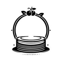 Black and White Minimalist Illustration of Stacked Pancakes with Cherries and Leafy Frame on White Backdrop. vector