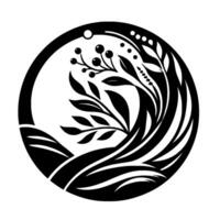 Elegant Black and White Circular Design Stylized Floral Pattern with Berries and Leaves in a minimalist illustration. vector