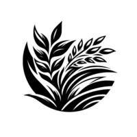 Stylized Black and White Floral Illustration Abstract Arrangement of Leaves and Grass Within a Circle, Minimalist Design. vector