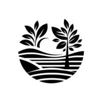 Stylized black and white illustration of a circular landscape with two trees growing on layered fields, evoking simplicity. vector