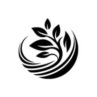 Black and white minimalist featuring stylized leaves and curved lines, suggestive of growth, nature, and organic form, set against a white background. vector