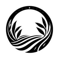 A minimalist black and white circular featuring stylized plant forms within an arc, adorned with celestial details. vector
