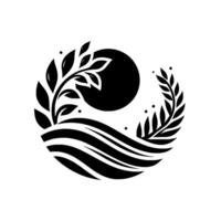Black and white circular emblem with stylized landscape, sun, and foliage arranged in a minimalist design. vector