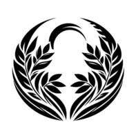 Symmetrical Botanical Design Black and White Circle Featuring Laurel Wreath Elements, Leaves, and Simplified Artistry vector